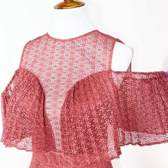 Keepsake Rose Pink Lace Sweetheart Plunge Ruffle Cold Shoulder Mini Pencil Dress - Picture 8 of 16